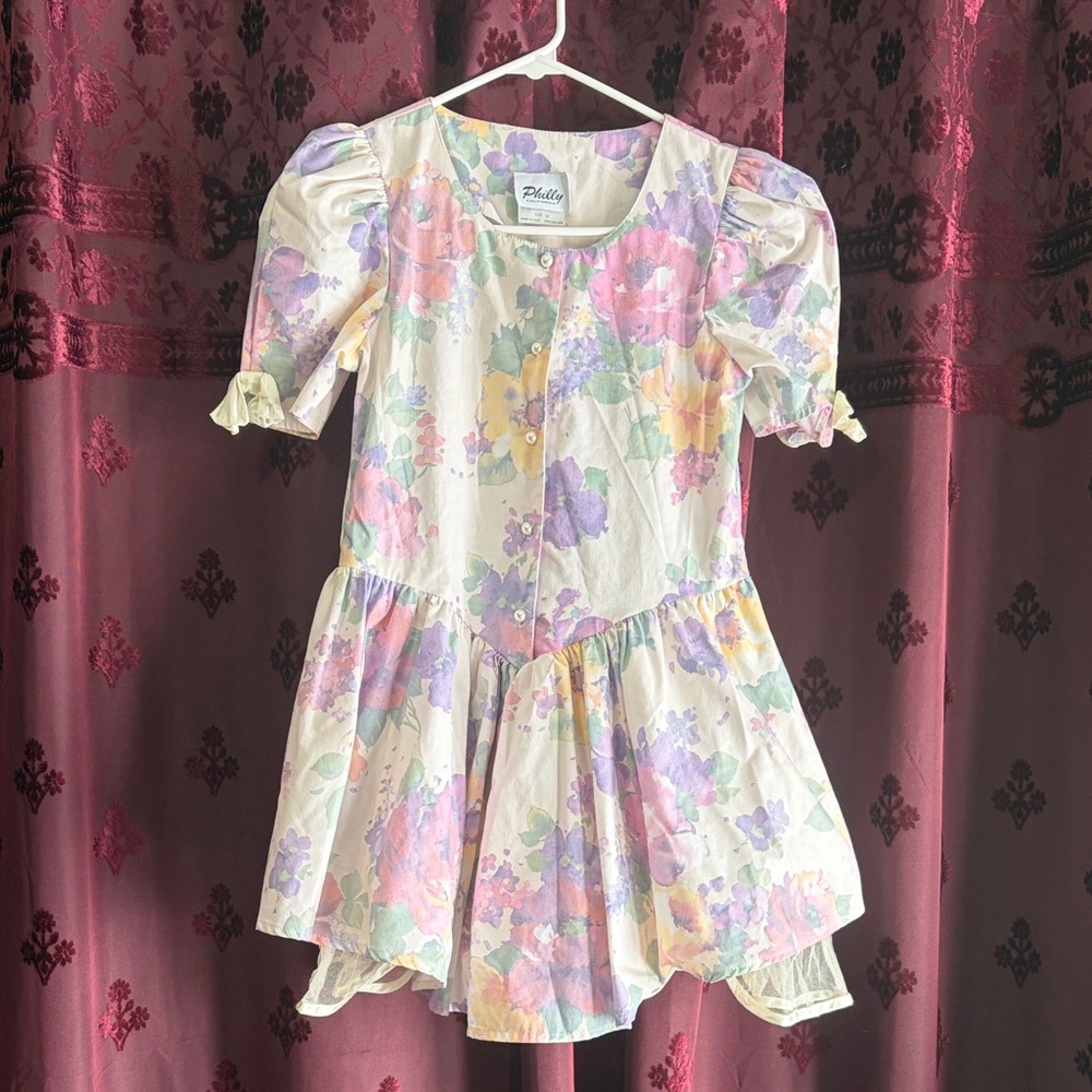 Vintage Floral Puff Sleeve Peplum Girls Dress Size 12